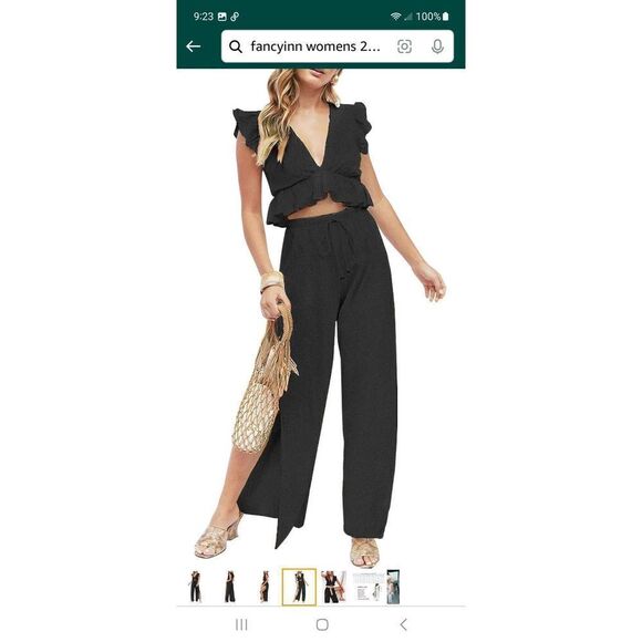 New Large Fancyinn Black 2pc VNeck Crop Top Side Slit Wide Leg Pants Outfit NWT - Picture 6 of 10